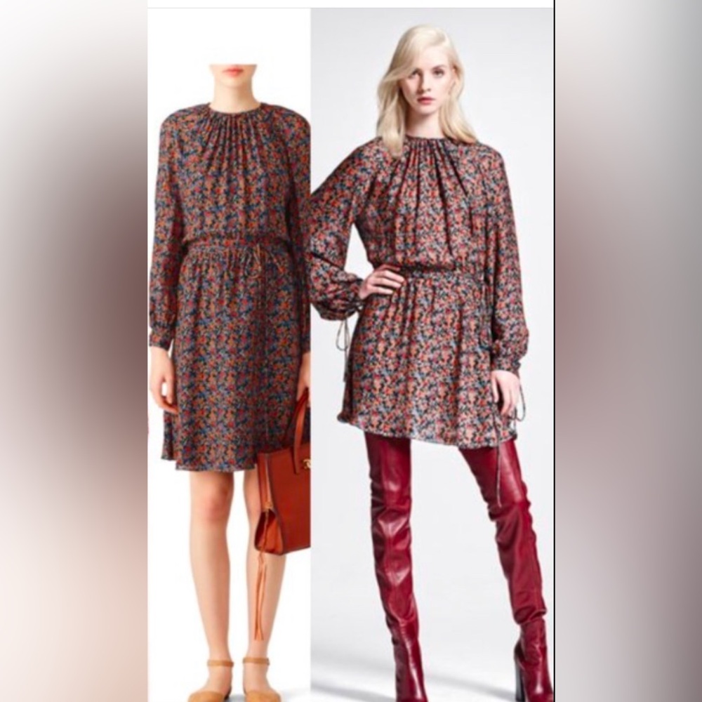 NWT DEREK LAM Womens Long Sleeve Floral Tie Dress Blue Beige Size 8
